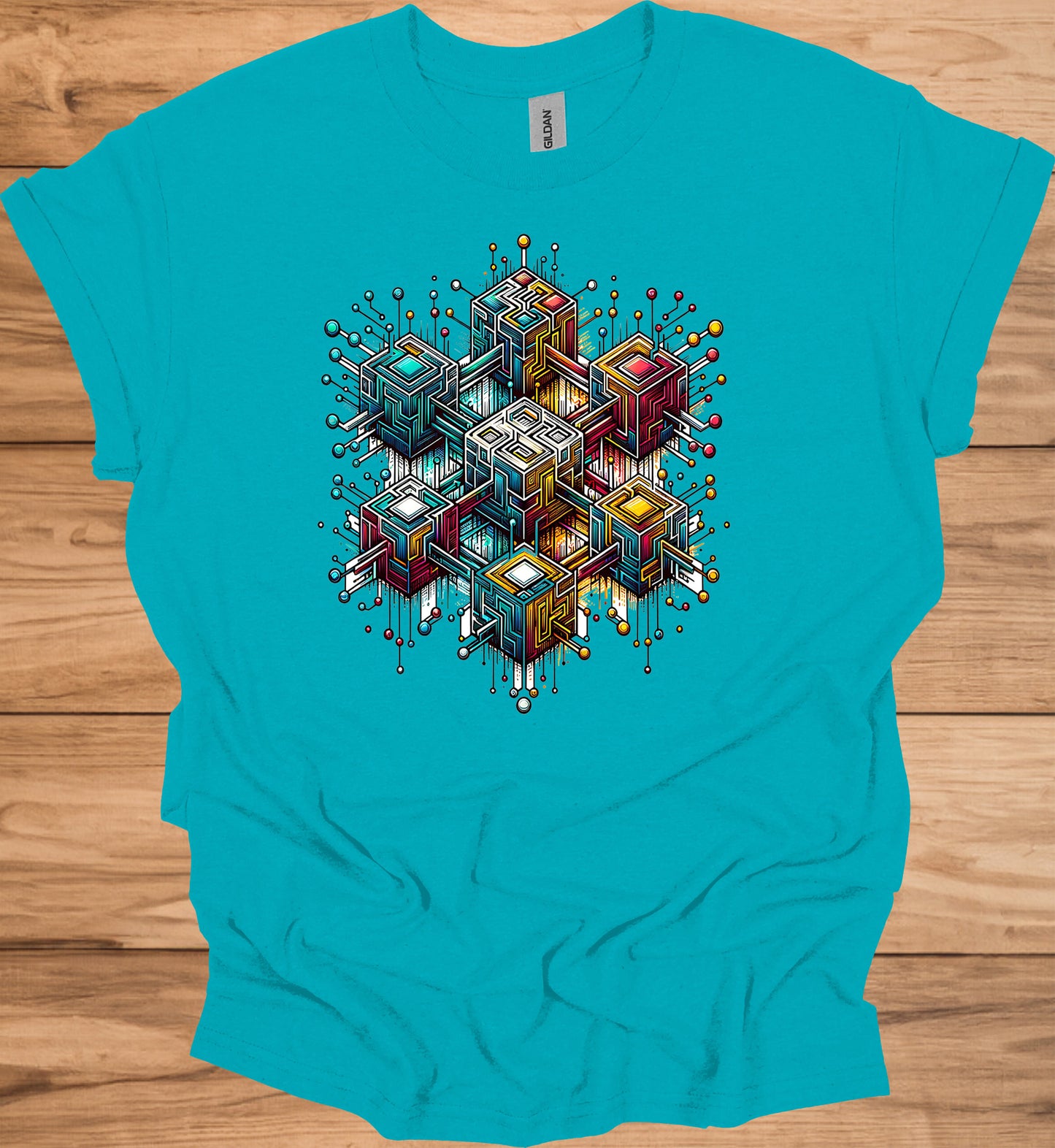 Nexus Cube: Block Chain, Digital Geometric Art, Futuristic Cityscape, Cyberpunk Technology - Graphic Tee Shirt