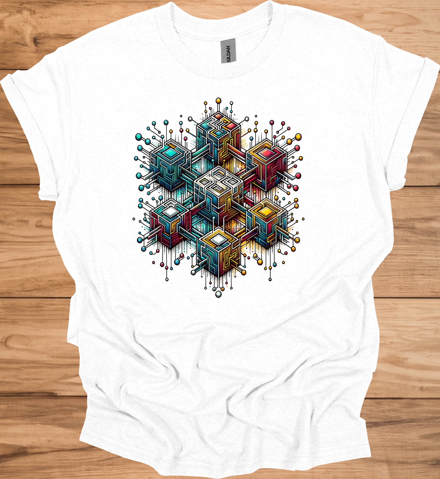 Nexus Cube: Block Chain, Digital Geometric Art, Futuristic Cityscape, Cyberpunk Technology - Graphic Tee Shirt