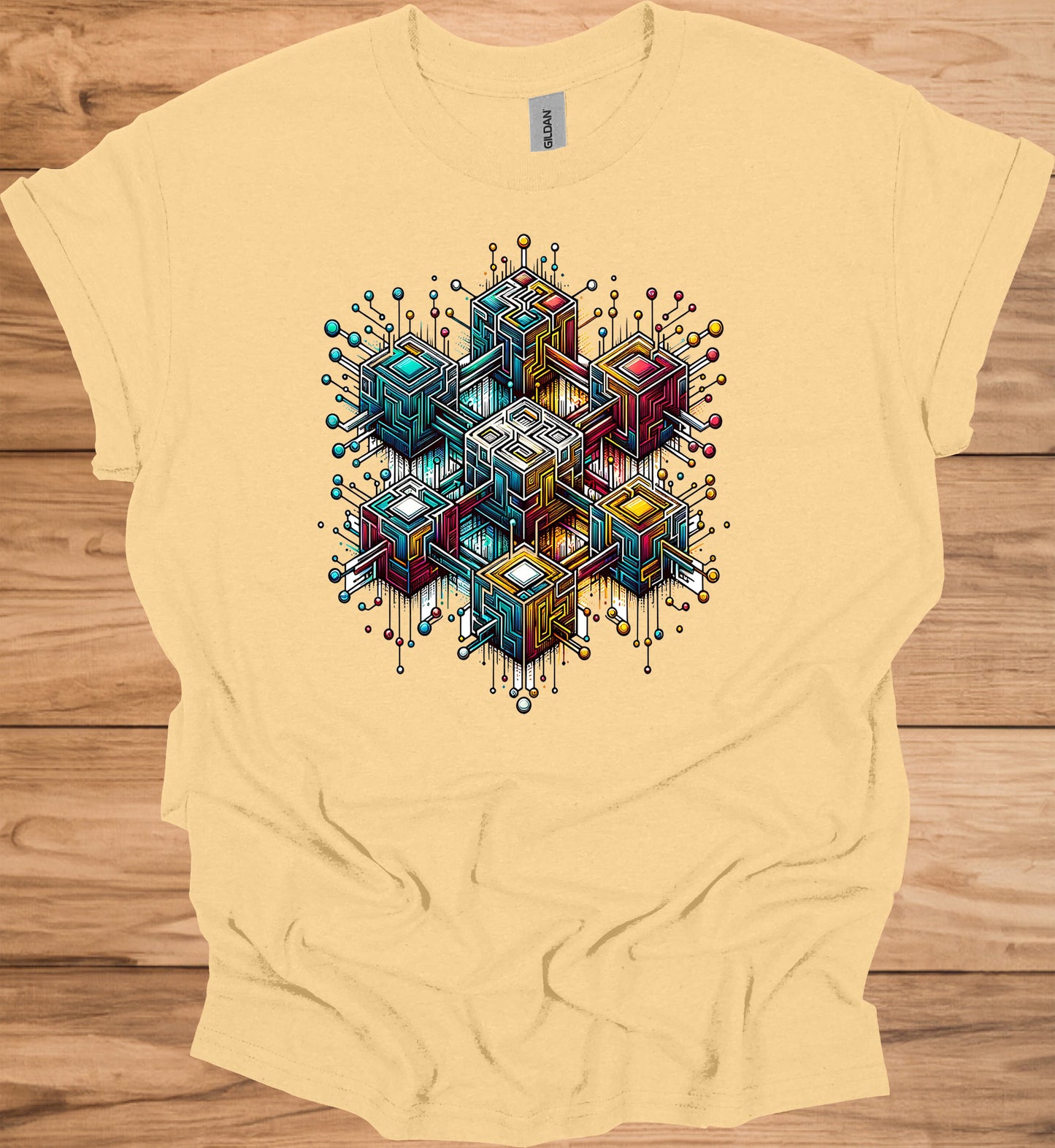 Nexus Cube: Block Chain, Digital Geometric Art, Futuristic Cityscape, Cyberpunk Technology - Graphic Tee Shirt