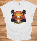 Golden State Sunset: California Bridge Silhouette, Vibrant Coastal Landscape, Retro Travel Poster Art - Graphic Tee Shirt
