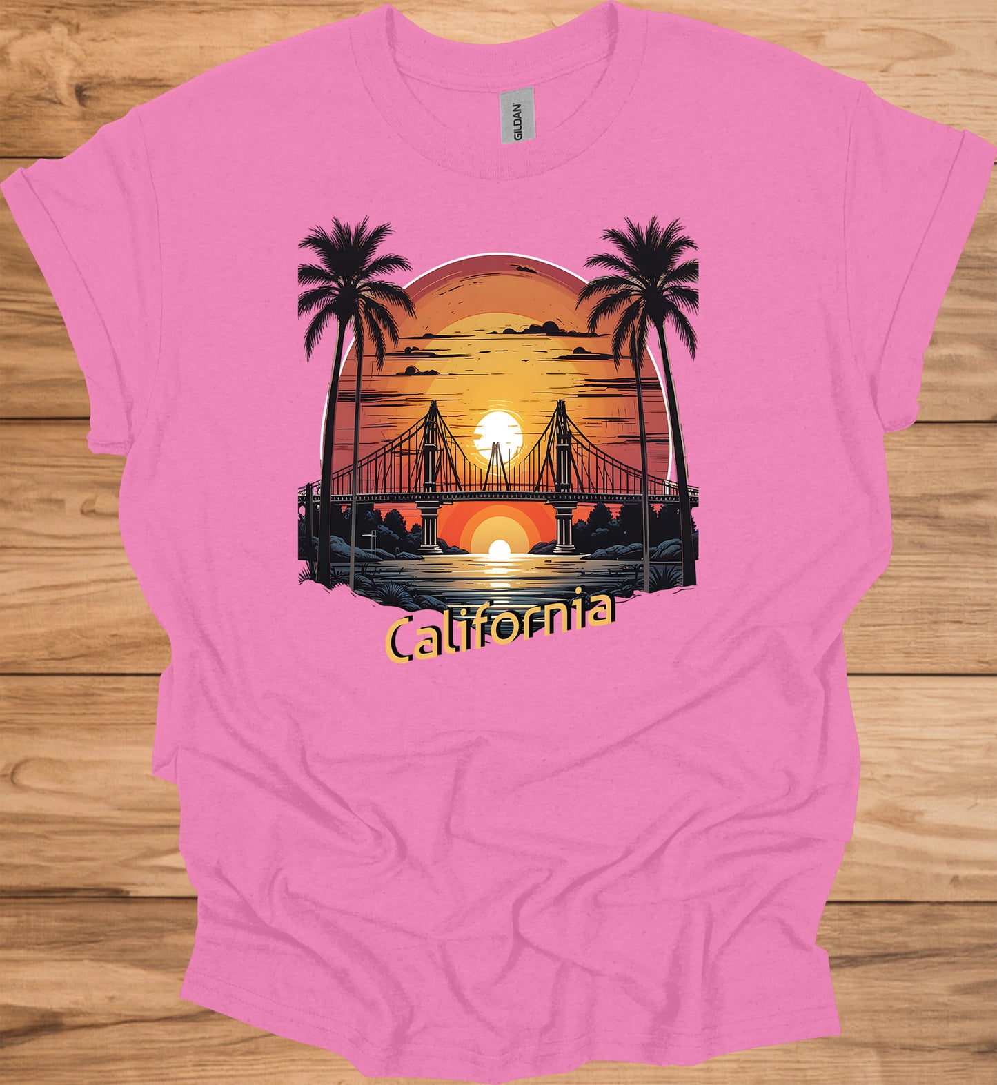 Golden State Sunset: California Bridge Silhouette, Vibrant Coastal Landscape, Retro Travel Poster Art - Graphic Tee Shirt