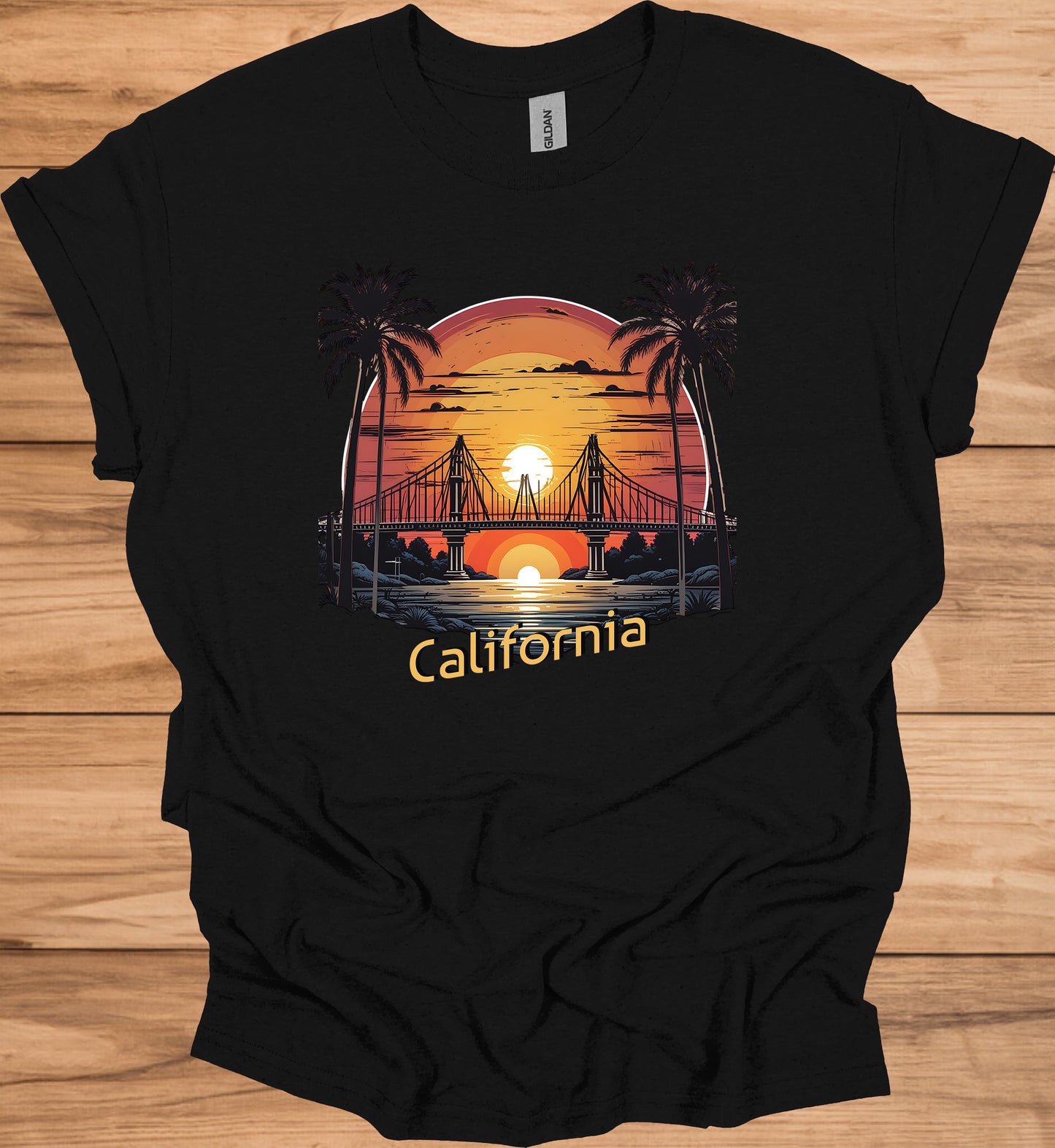 Golden State Sunset: California Bridge Silhouette, Vibrant Coastal Landscape, Retro Travel Poster Art - Graphic Tee Shirt