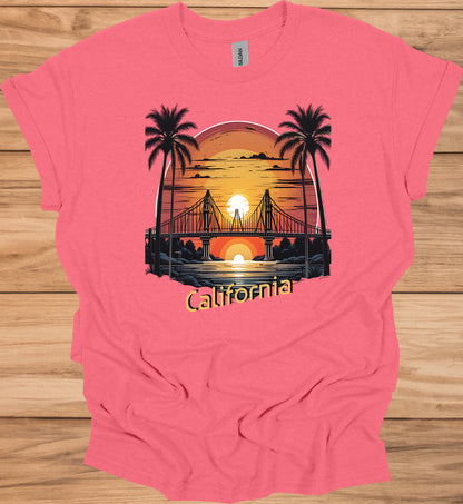 Golden State Sunset: California Bridge Silhouette, Vibrant Coastal Landscape, Retro Travel Poster Art - Graphic Tee Shirt