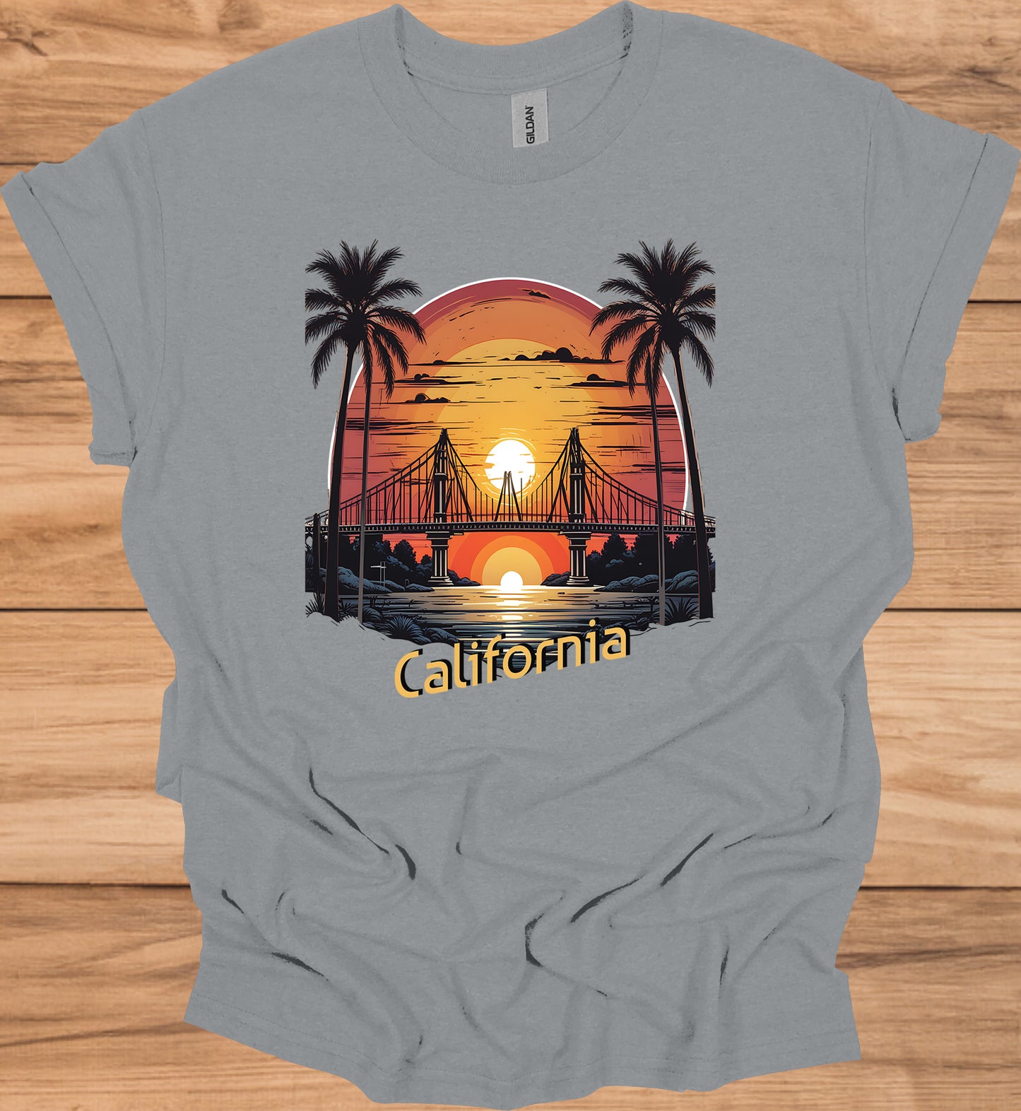 Golden State Sunset: California Bridge Silhouette, Vibrant Coastal Landscape, Retro Travel Poster Art - Graphic Tee Shirt