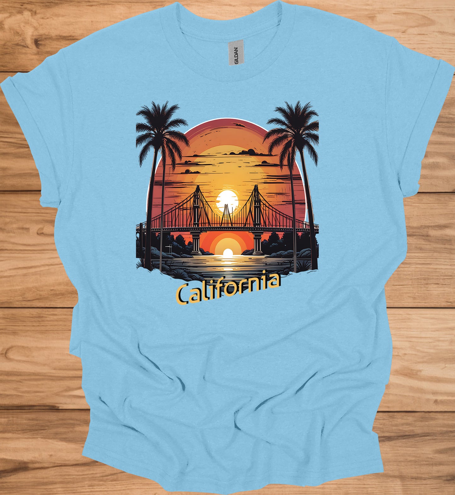 Golden State Sunset: California Bridge Silhouette, Vibrant Coastal Landscape, Retro Travel Poster Art - Graphic Tee Shirt