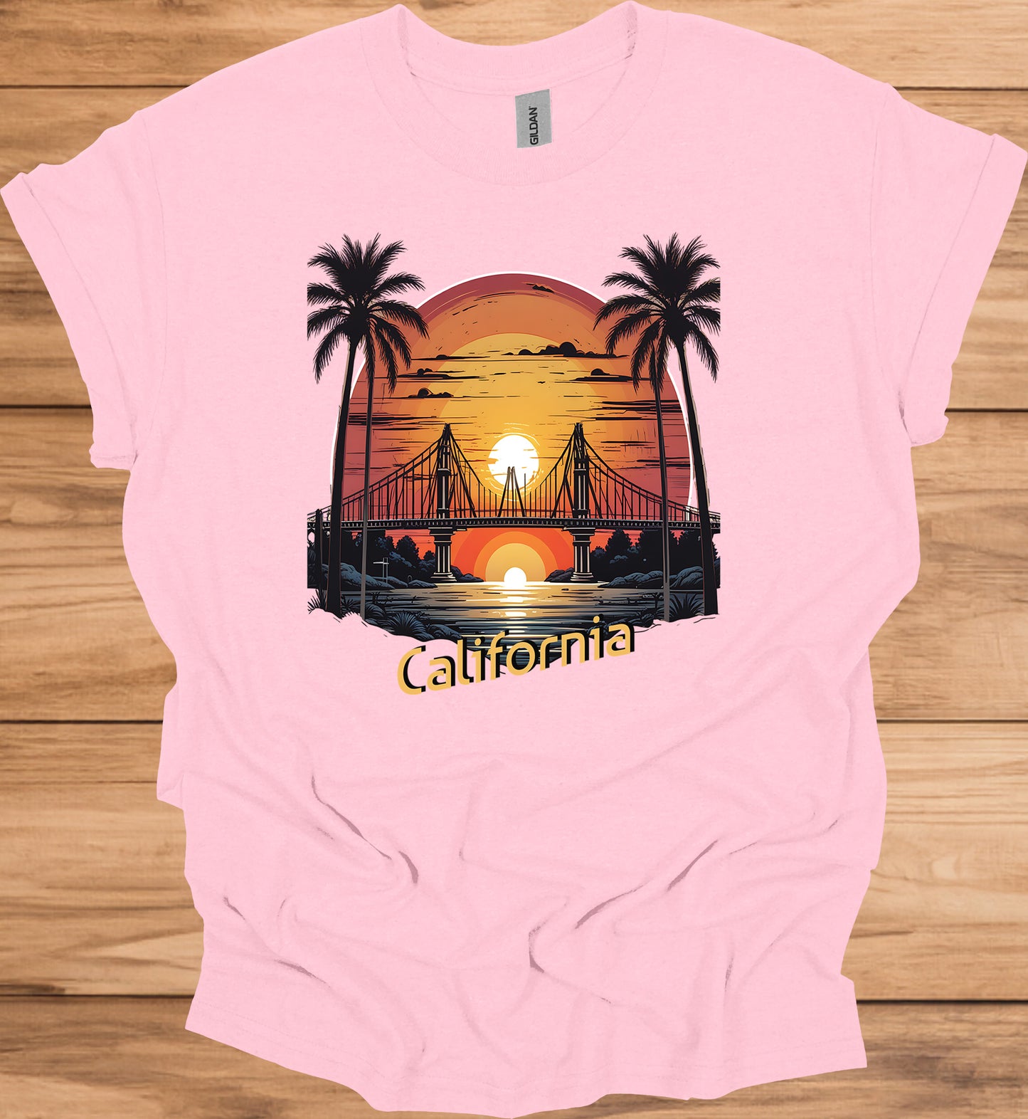 Golden State Sunset: California Bridge Silhouette, Vibrant Coastal Landscape, Retro Travel Poster Art - Graphic Tee Shirt