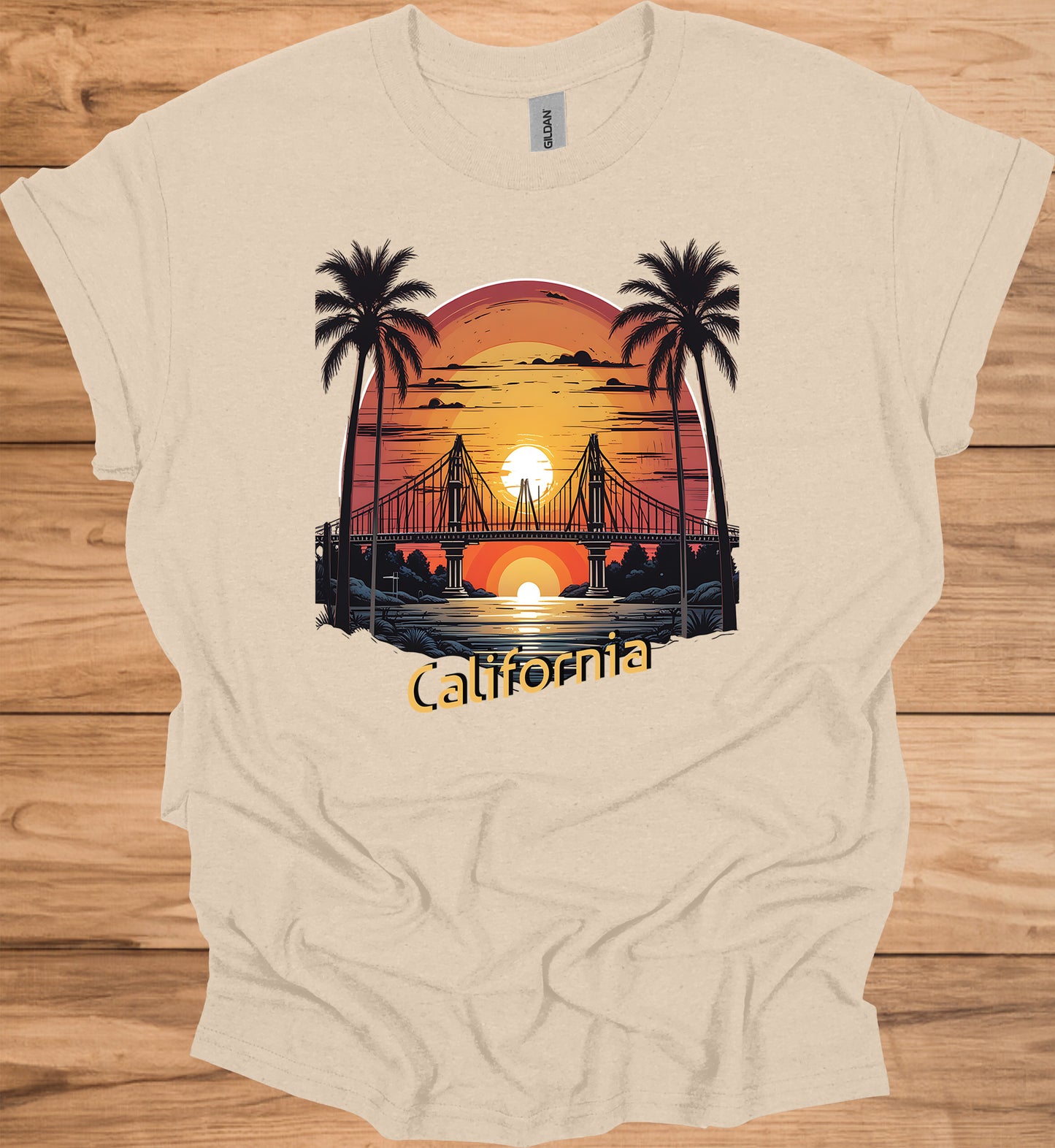 Golden State Sunset: California Bridge Silhouette, Vibrant Coastal Landscape, Retro Travel Poster Art - Graphic Tee Shirt
