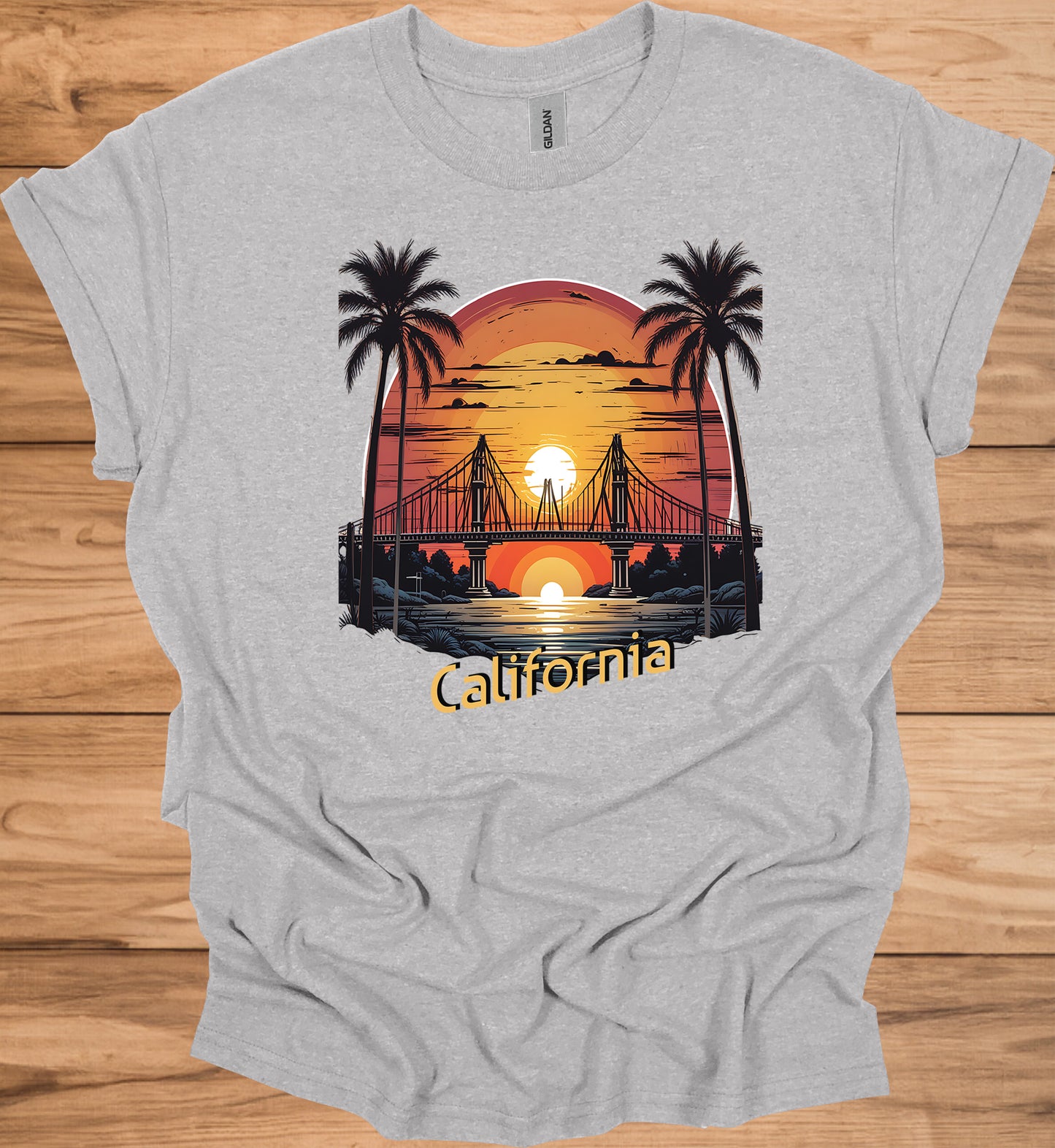 Golden State Sunset: California Bridge Silhouette, Vibrant Coastal Landscape, Retro Travel Poster Art - Graphic Tee Shirt