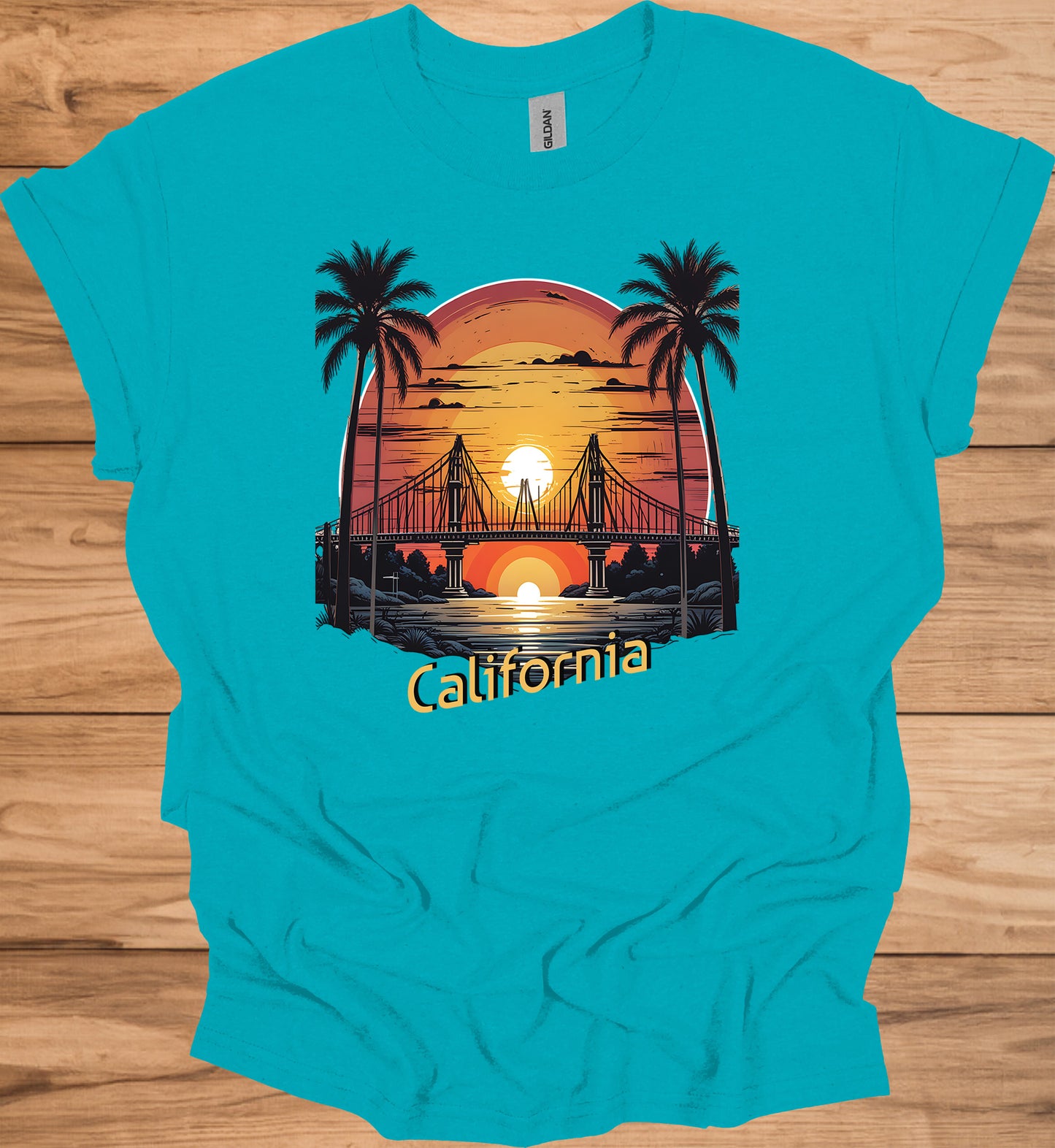 Golden State Sunset: California Bridge Silhouette, Vibrant Coastal Landscape, Retro Travel Poster Art - Graphic Tee Shirt