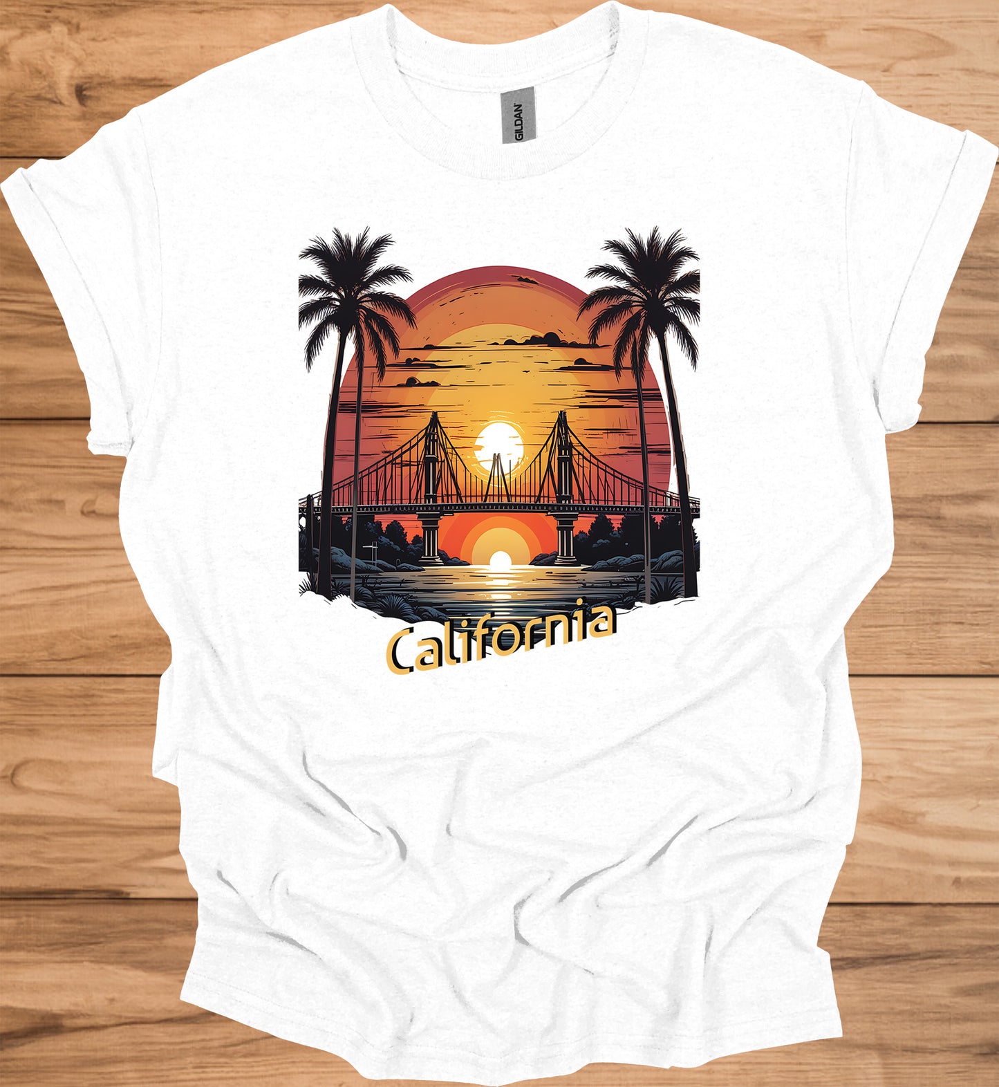 Golden State Sunset: California Bridge Silhouette, Vibrant Coastal Landscape, Retro Travel Poster Art - Graphic Tee Shirt