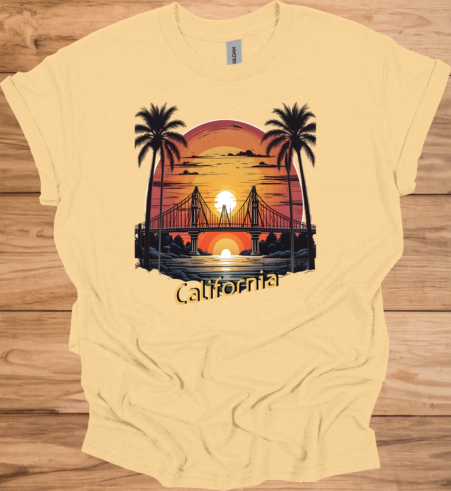Golden State Sunset: California Bridge Silhouette, Vibrant Coastal Landscape, Retro Travel Poster Art - Graphic Tee Shirt