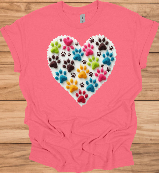 Pawsitive Love: Colorful Pet Paw Prints, Heart-Shaped Animal Art, Vibrant Fuzzy Texture - Graphic Tee Shirt