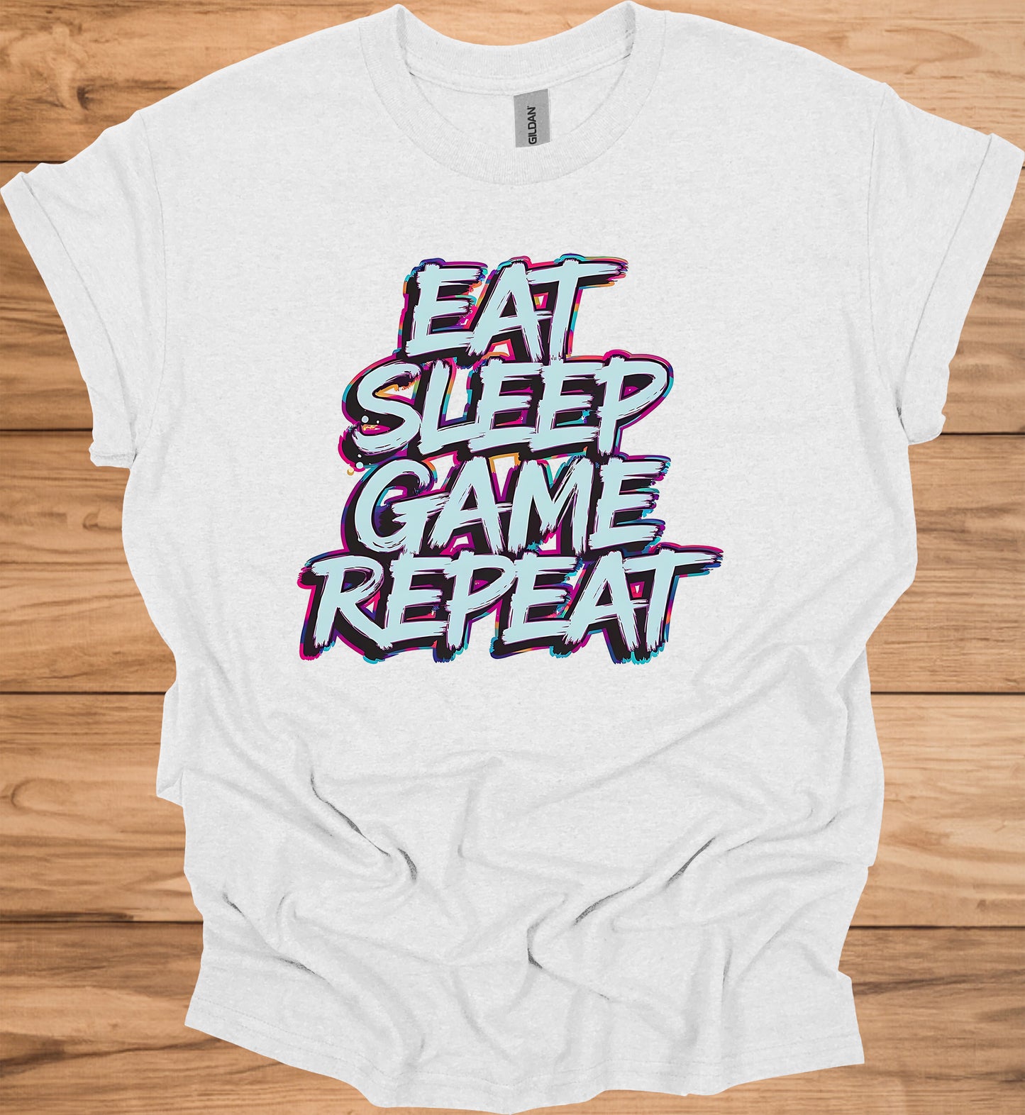 Gamer's Mantra: Eat Sleep Game Repeat, Graffiti-Style Typography, Vibrant 3D Design, Gaming Lifestyle Artwork - Graphic Tee Shirt