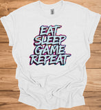 Gamer's Mantra: Eat Sleep Game Repeat, Graffiti-Style Typography, Vibrant 3D Design, Gaming Lifestyle Artwork - Graphic Tee Shirt