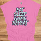 Gamer's Mantra: Eat Sleep Game Repeat, Graffiti-Style Typography, Vibrant 3D Design, Gaming Lifestyle Artwork - Graphic Tee Shirt