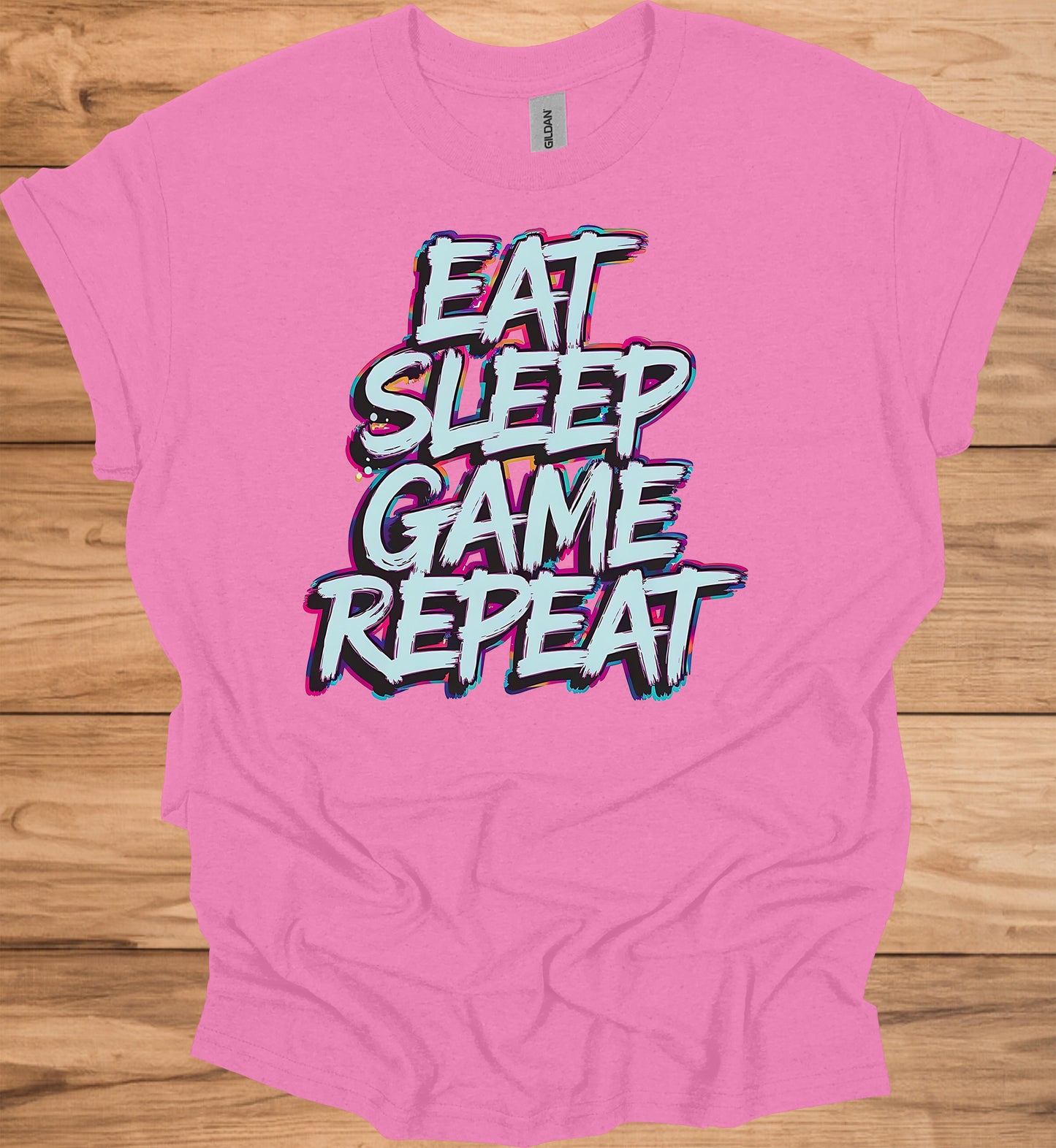 Gamer's Mantra: Eat Sleep Game Repeat, Graffiti-Style Typography, Vibrant 3D Design, Gaming Lifestyle Artwork - Graphic Tee Shirt