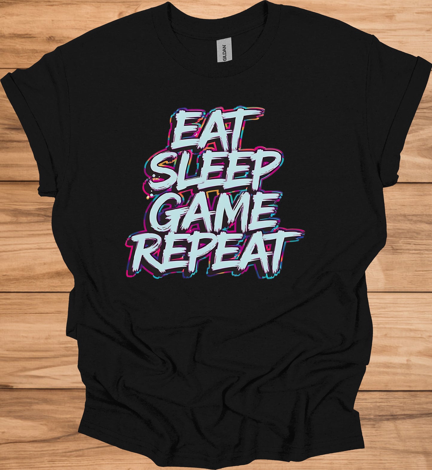 Gamer's Mantra: Eat Sleep Game Repeat, Graffiti-Style Typography, Vibrant 3D Design, Gaming Lifestyle Artwork - Graphic Tee Shirt