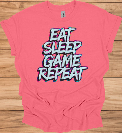 Gamer's Mantra: Eat Sleep Game Repeat, Graffiti-Style Typography, Vibrant 3D Design, Gaming Lifestyle Artwork - Graphic Tee Shirt