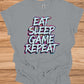 Gamer's Mantra: Eat Sleep Game Repeat, Graffiti-Style Typography, Vibrant 3D Design, Gaming Lifestyle Artwork - Graphic Tee Shirt