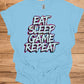 Gamer's Mantra: Eat Sleep Game Repeat, Graffiti-Style Typography, Vibrant 3D Design, Gaming Lifestyle Artwork - Graphic Tee Shirt