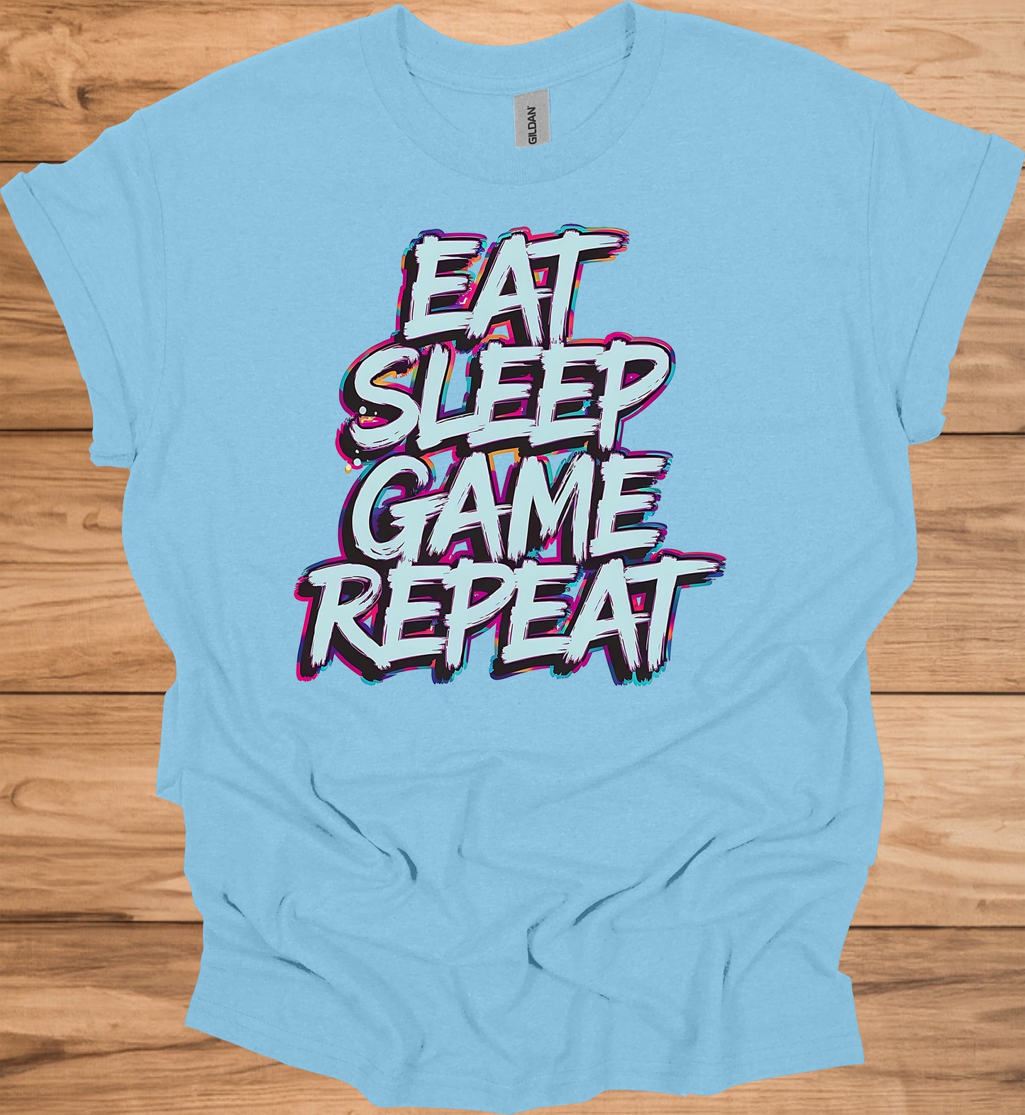 Gamer's Mantra: Eat Sleep Game Repeat, Graffiti-Style Typography, Vibrant 3D Design, Gaming Lifestyle Artwork - Graphic Tee Shirt