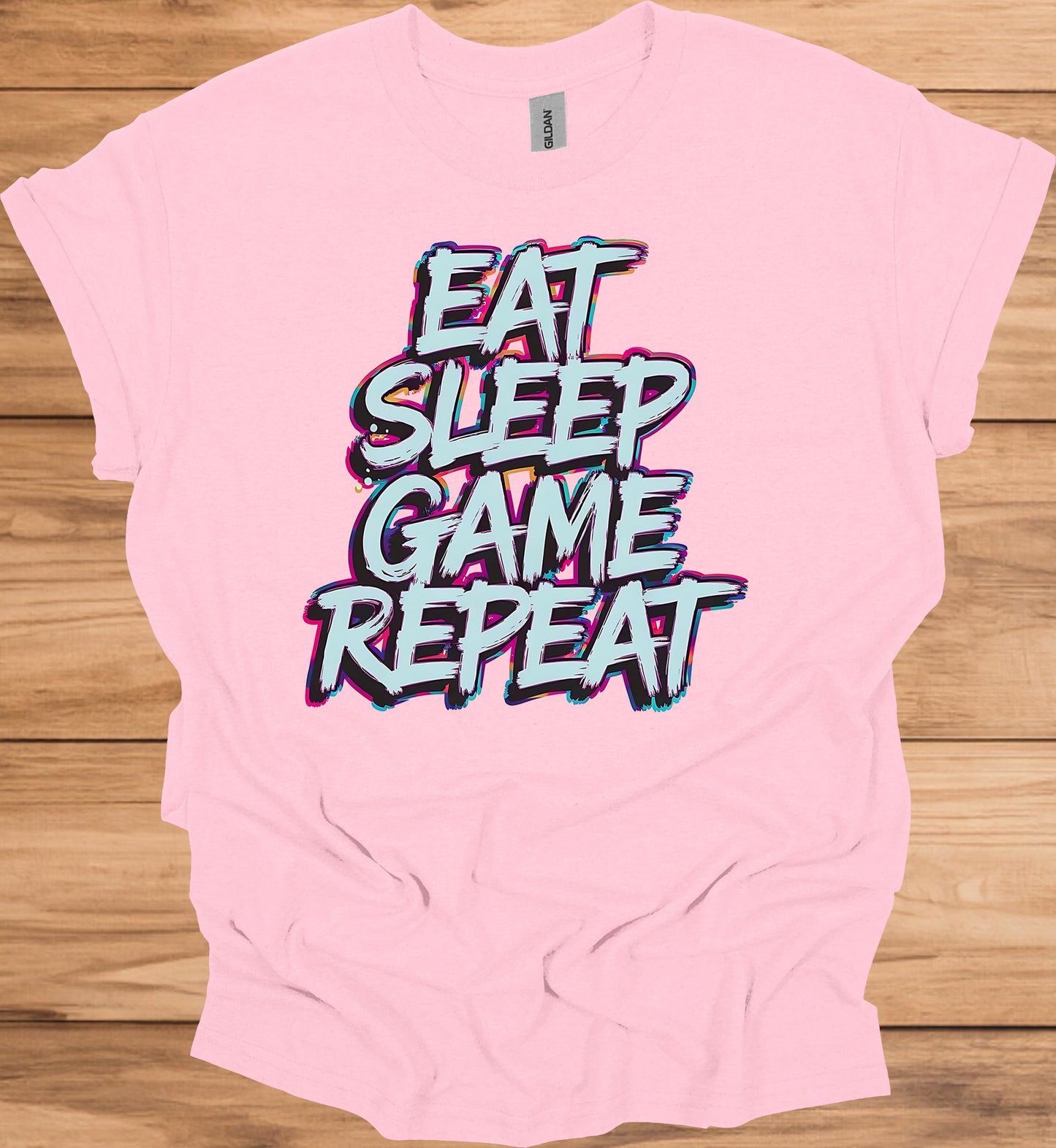 Gamer's Mantra: Eat Sleep Game Repeat, Graffiti-Style Typography, Vibrant 3D Design, Gaming Lifestyle Artwork - Graphic Tee Shirt