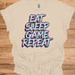 Gamer's Mantra: Eat Sleep Game Repeat, Graffiti-Style Typography, Vibrant 3D Design, Gaming Lifestyle Artwork - Graphic Tee Shirt