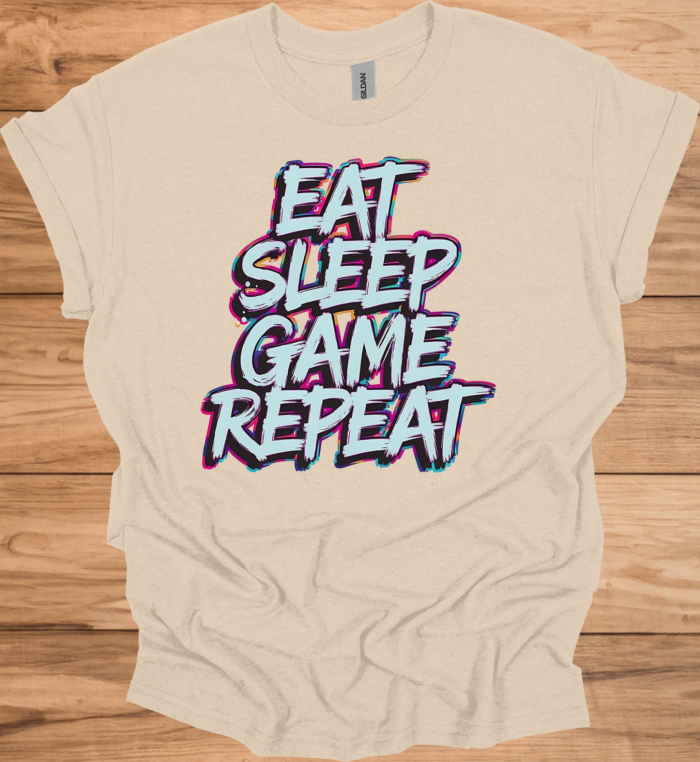 Gamer's Mantra: Eat Sleep Game Repeat, Graffiti-Style Typography, Vibrant 3D Design, Gaming Lifestyle Artwork - Graphic Tee Shirt