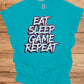 Gamer's Mantra: Eat Sleep Game Repeat, Graffiti-Style Typography, Vibrant 3D Design, Gaming Lifestyle Artwork - Graphic Tee Shirt