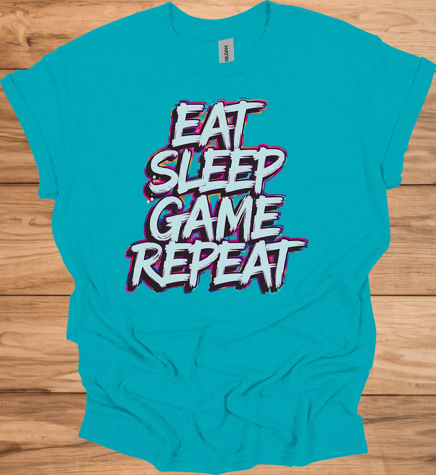 Gamer's Mantra: Eat Sleep Game Repeat, Graffiti-Style Typography, Vibrant 3D Design, Gaming Lifestyle Artwork - Graphic Tee Shirt