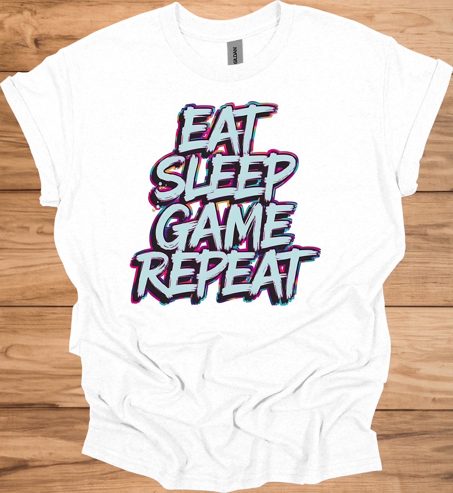Gamer's Mantra: Eat Sleep Game Repeat, Graffiti-Style Typography, Vibrant 3D Design, Gaming Lifestyle Artwork - Graphic Tee Shirt