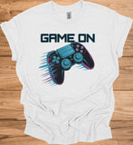 Neon Gaming Controller: Game On Graphic, Retro-Futuristic Design, Vibrant Esports Illustration - Graphic Tee Shirt