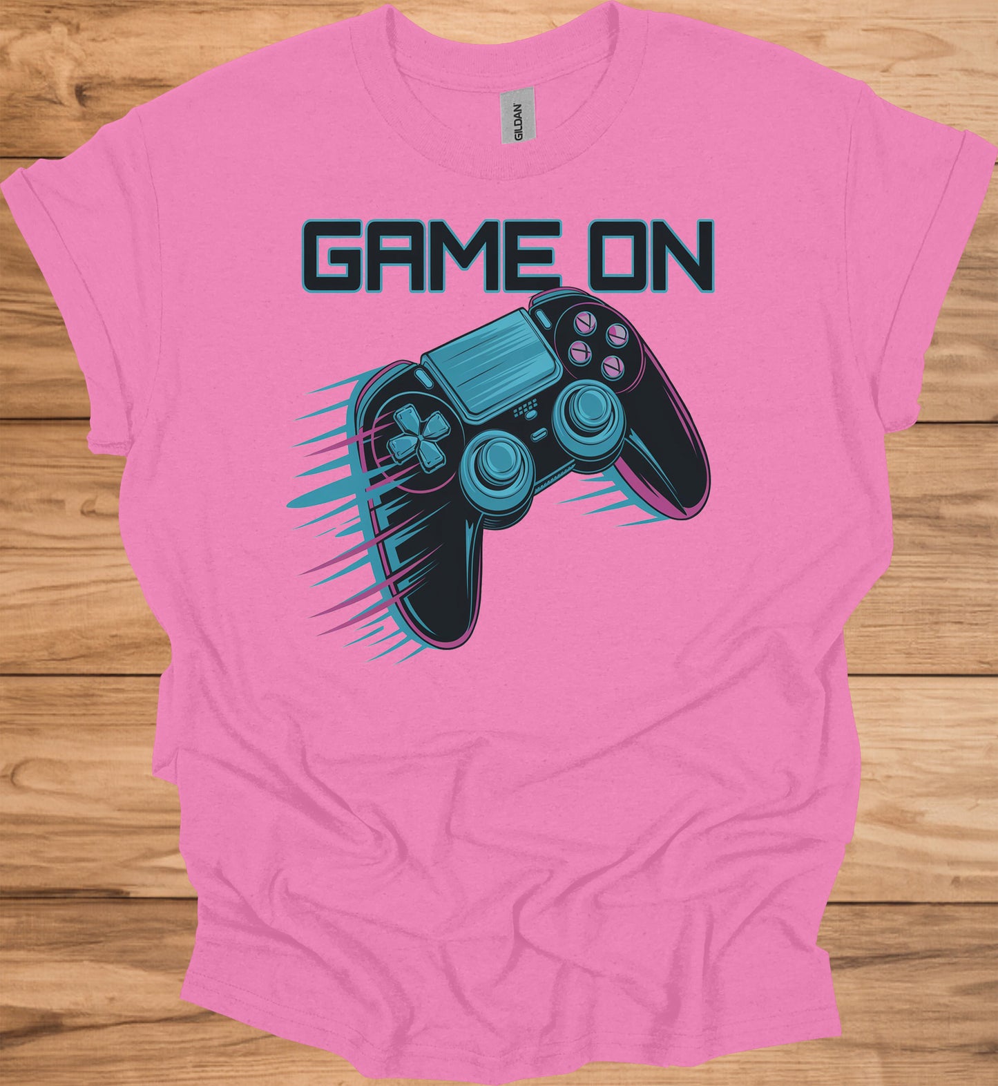 Neon Gaming Controller: Game On Graphic, Retro-Futuristic Design, Vibrant Esports Illustration - Graphic Tee Shirt