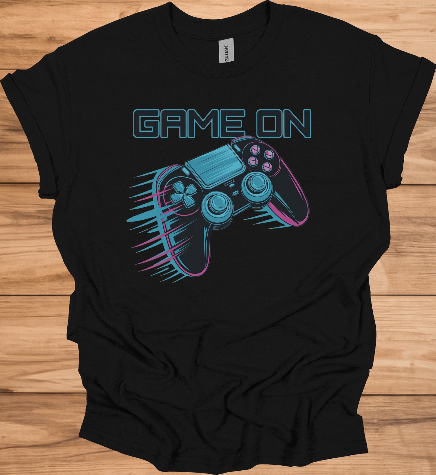 Neon Gaming Controller: Game On Graphic, Retro-Futuristic Design, Vibrant Esports Illustration - Graphic Tee Shirt
