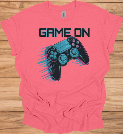 Neon Gaming Controller: Game On Graphic, Retro-Futuristic Design, Vibrant Esports Illustration - Graphic Tee Shirt