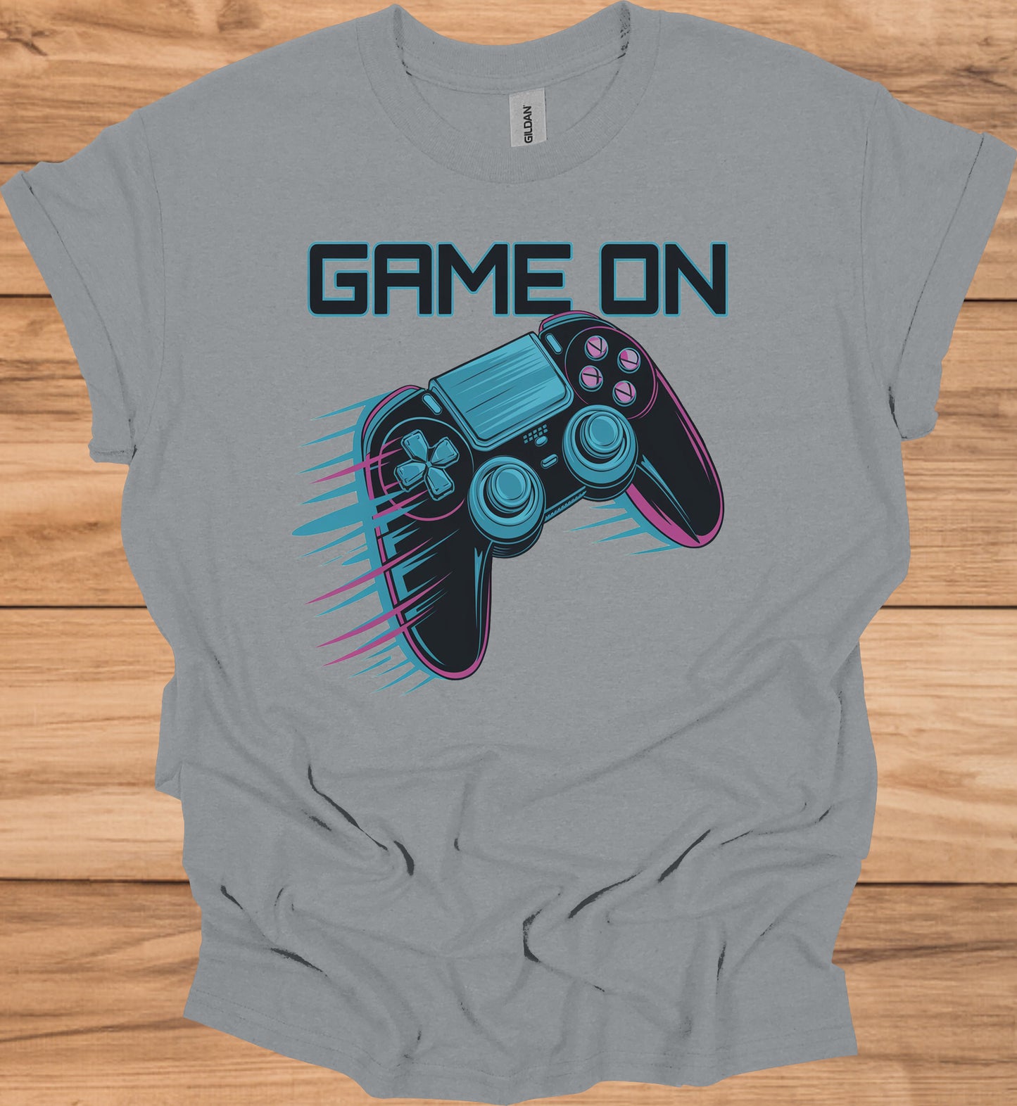 Neon Gaming Controller: Game On Graphic, Retro-Futuristic Design, Vibrant Esports Illustration - Graphic Tee Shirt