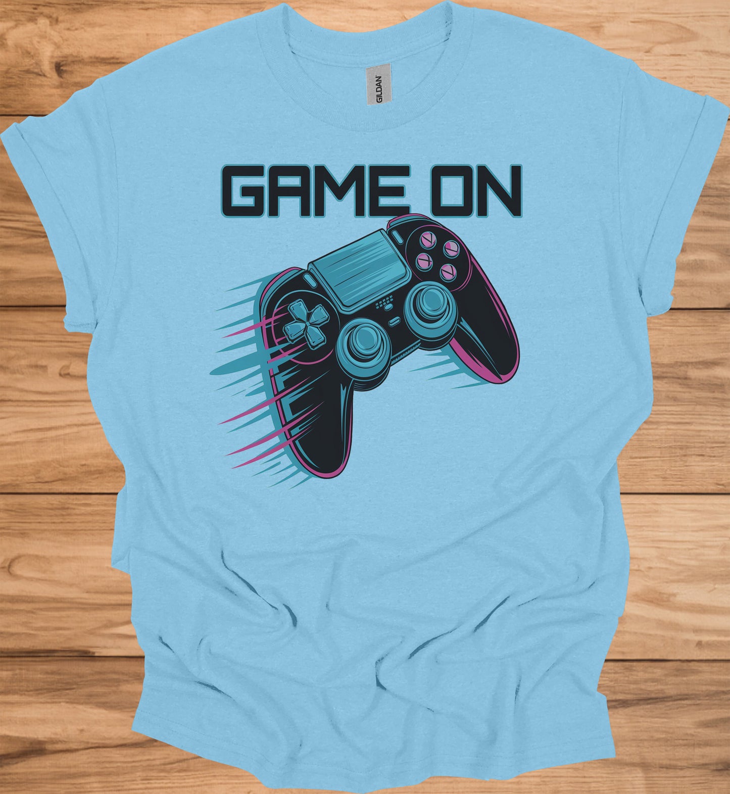 Neon Gaming Controller: Game On Graphic, Retro-Futuristic Design, Vibrant Esports Illustration - Graphic Tee Shirt