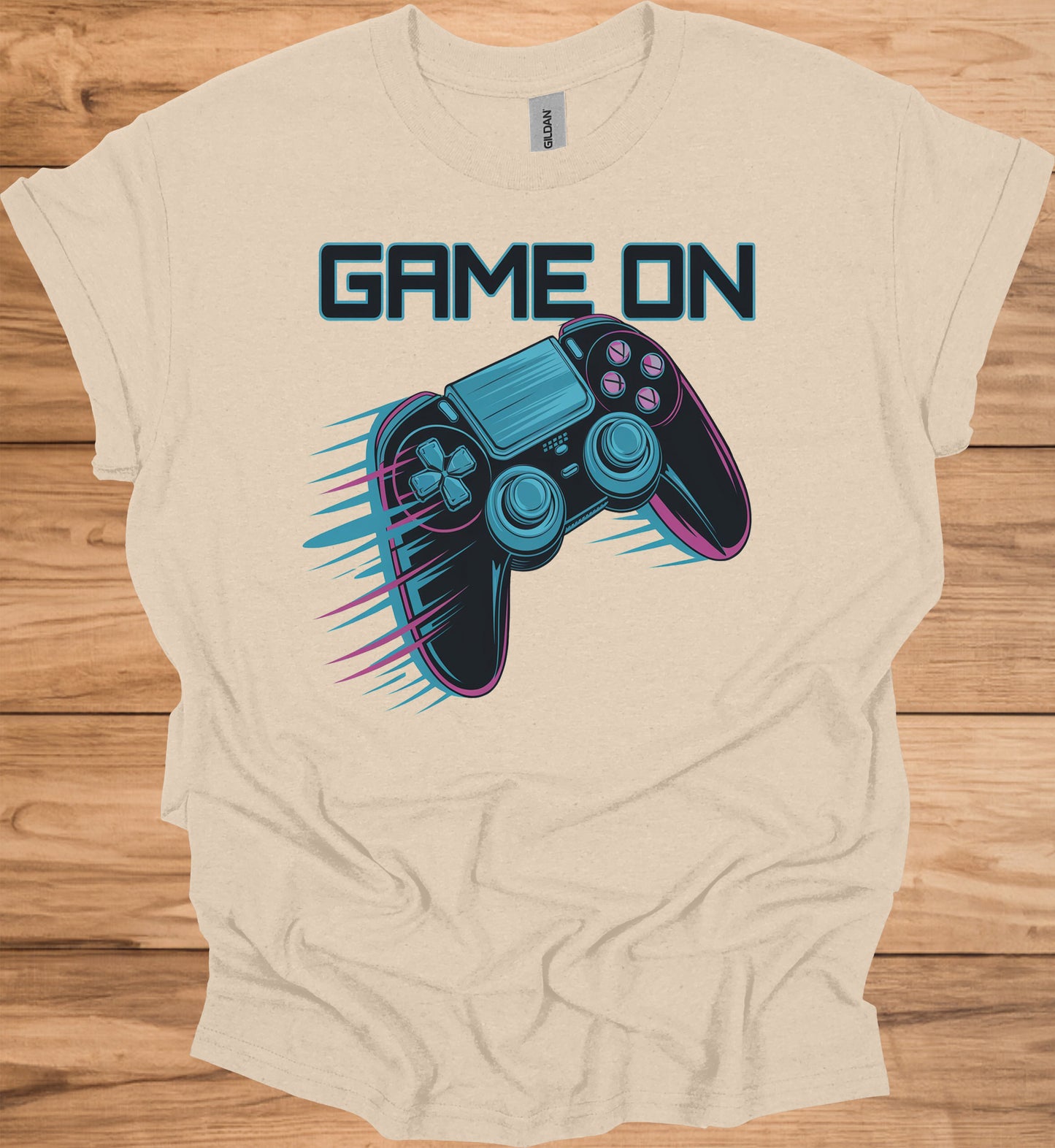 Neon Gaming Controller: Game On Graphic, Retro-Futuristic Design, Vibrant Esports Illustration - Graphic Tee Shirt