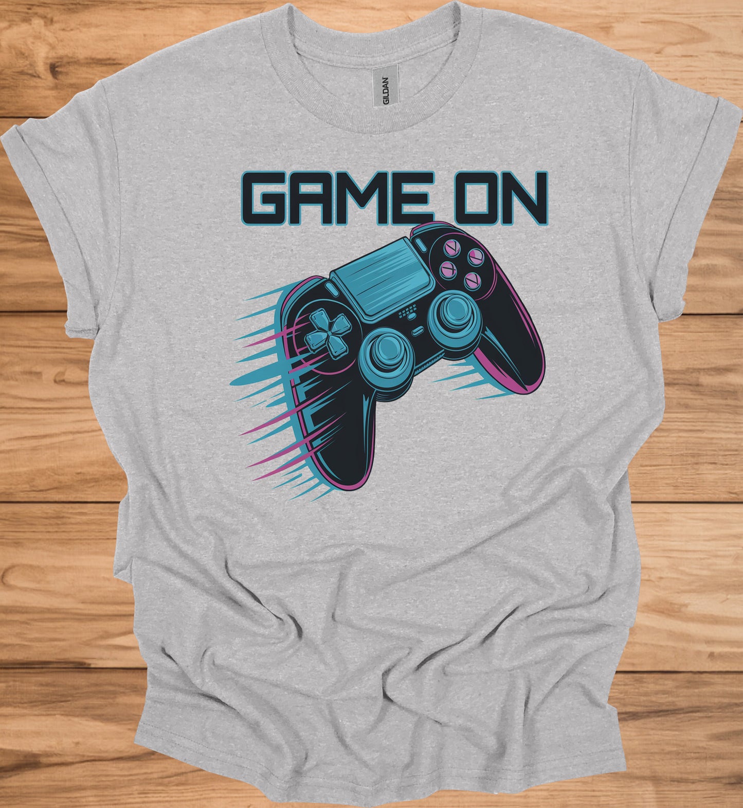 Neon Gaming Controller: Game On Graphic, Retro-Futuristic Design, Vibrant Esports Illustration - Graphic Tee Shirt