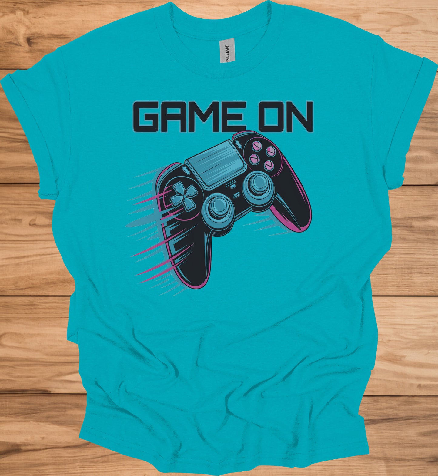 Neon Gaming Controller: Game On Graphic, Retro-Futuristic Design, Vibrant Esports Illustration - Graphic Tee Shirt