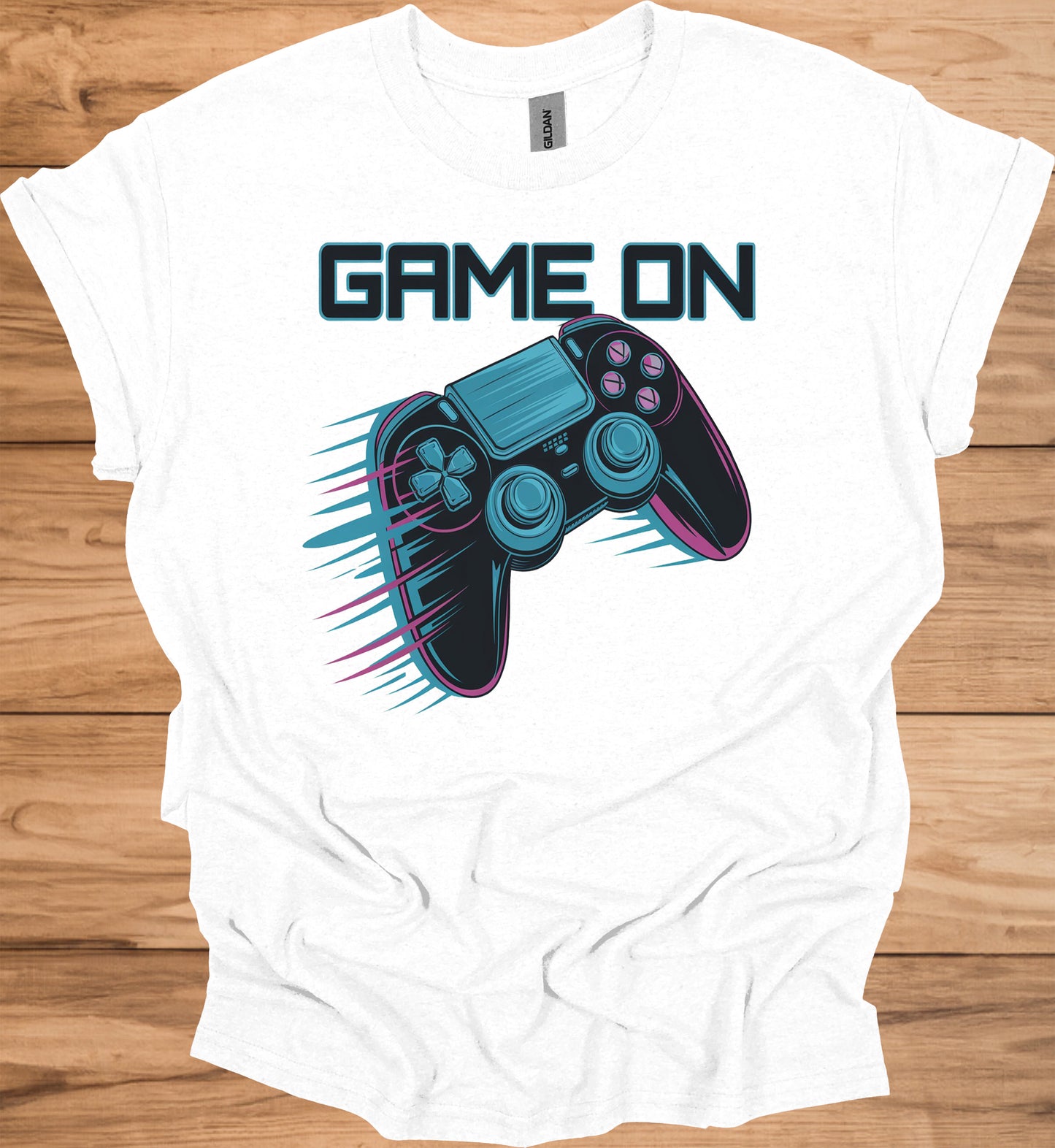 Neon Gaming Controller: Game On Graphic, Retro-Futuristic Design, Vibrant Esports Illustration - Graphic Tee Shirt