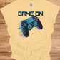 Neon Gaming Controller: Game On Graphic, Retro-Futuristic Design, Vibrant Esports Illustration - Graphic Tee Shirt