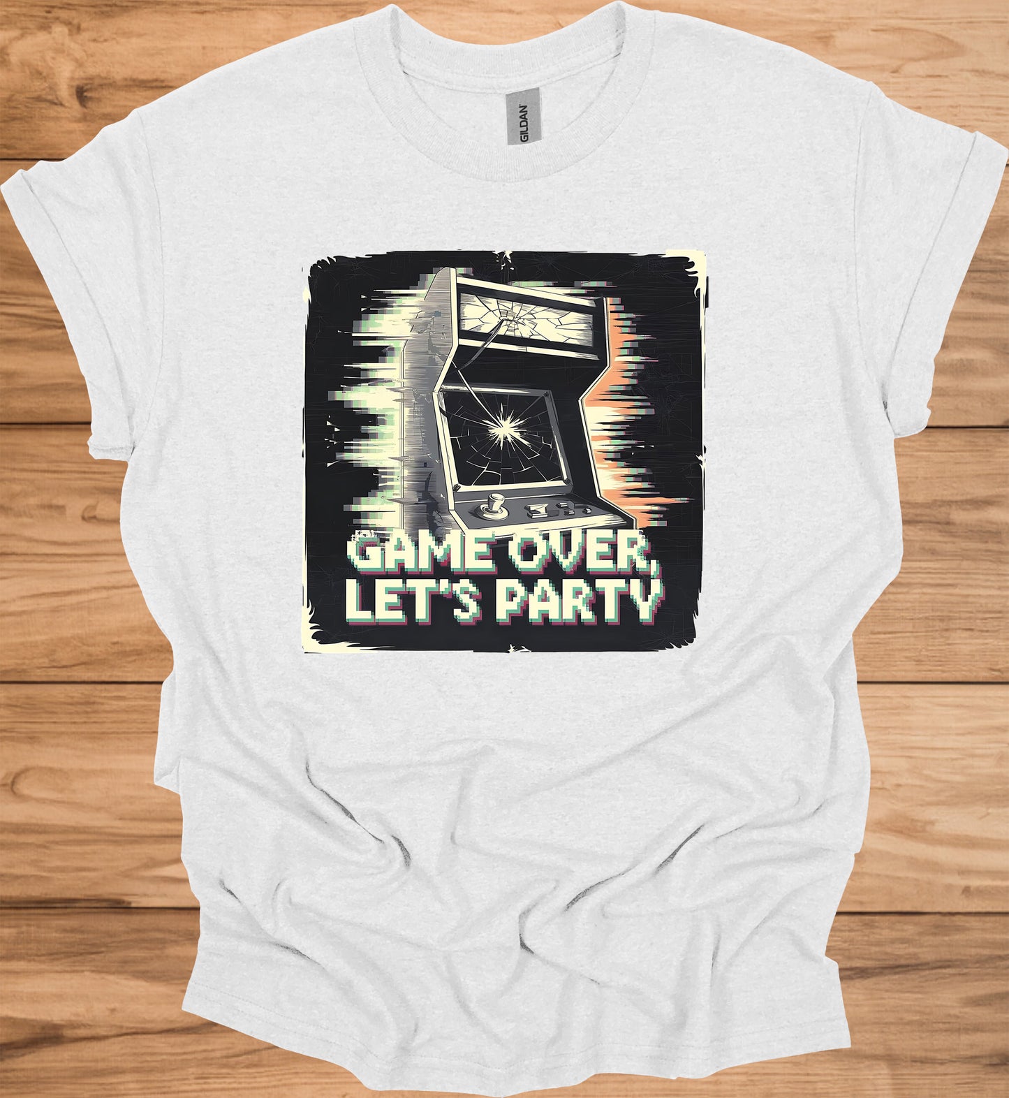 Game Over Glitch: Retro Arcade Cabinet, Pixelated Party Invitation, Nostalgic Digital Art - Graphic Tee Shirt