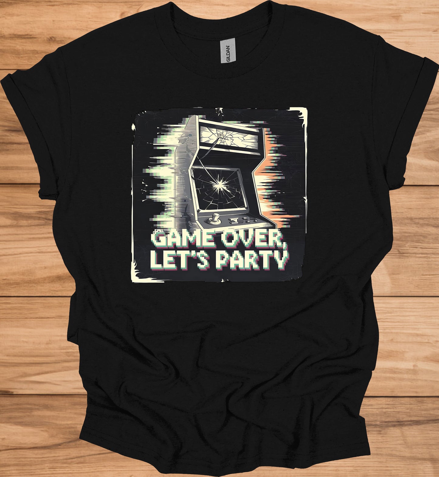 Game Over Glitch: Retro Arcade Cabinet, Pixelated Party Invitation, Nostalgic Digital Art - Graphic Tee Shirt