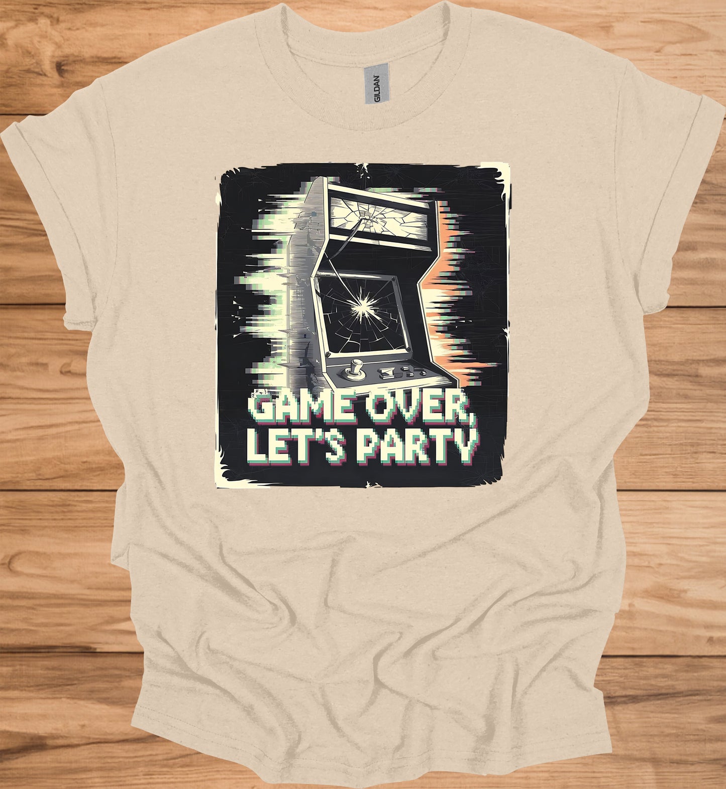 Game Over Glitch: Retro Arcade Cabinet, Pixelated Party Invitation, Nostalgic Digital Art - Graphic Tee Shirt