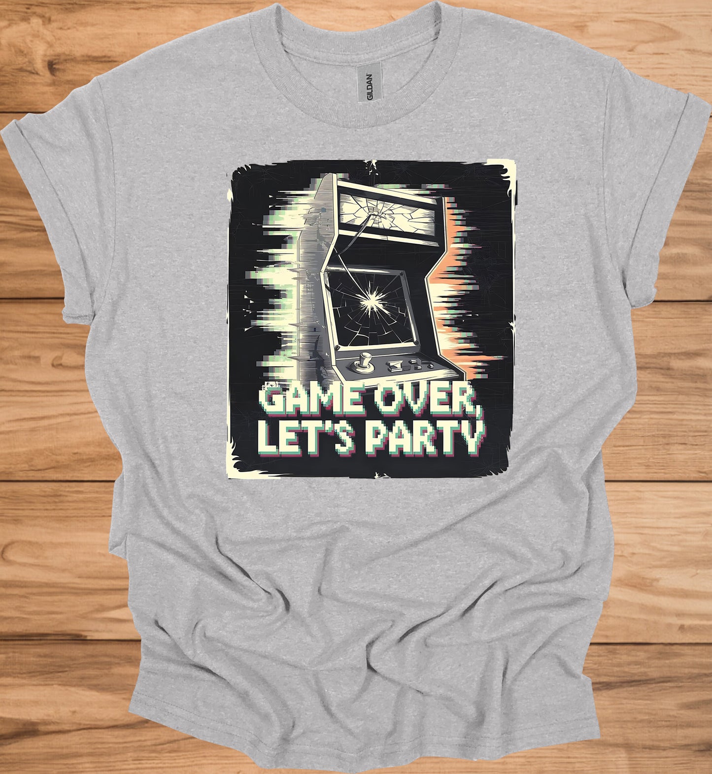 Game Over Glitch: Retro Arcade Cabinet, Pixelated Party Invitation, Nostalgic Digital Art - Graphic Tee Shirt