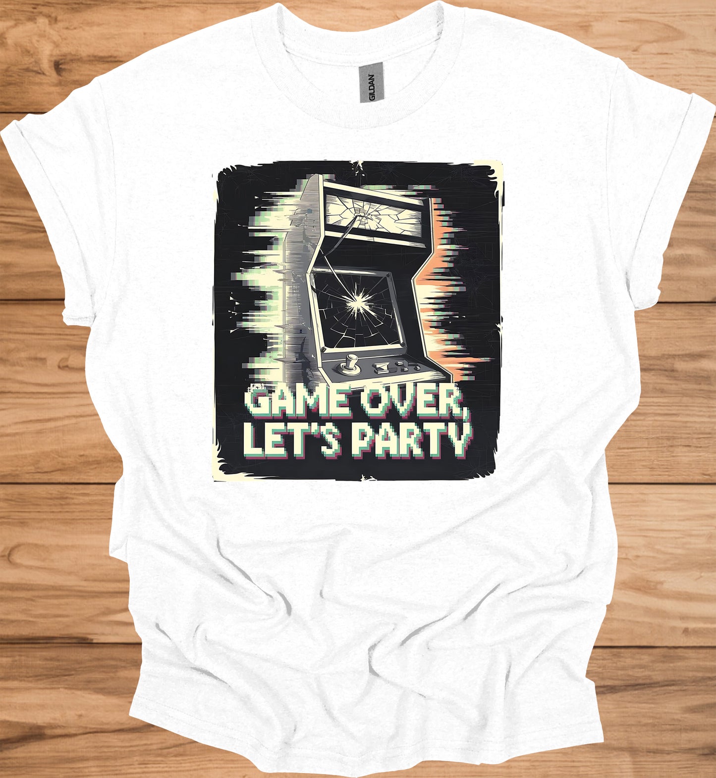 Game Over Glitch: Retro Arcade Cabinet, Pixelated Party Invitation, Nostalgic Digital Art - Graphic Tee Shirt
