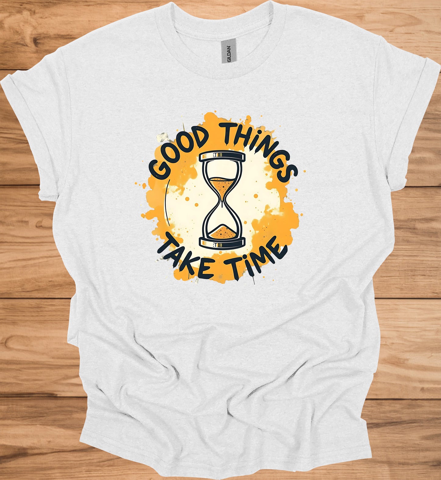 Patience Pays: Motivational Hourglass Art, Orange and Black Graffiti Style, Time Management Inspiration - Graphic Tee Shirt