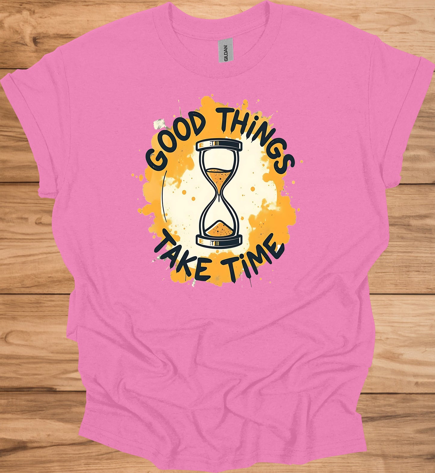 Patience Pays: Motivational Hourglass Art, Orange and Black Graffiti Style, Time Management Inspiration - Graphic Tee Shirt