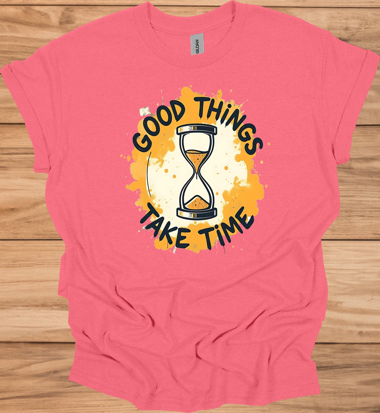 Patience Pays: Motivational Hourglass Art, Orange and Black Graffiti Style, Time Management Inspiration - Graphic Tee Shirt